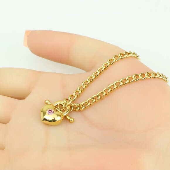 Chunky Gold Chain Necklace with Heart Pendant and Pink Stone, XPNL0372 - Picture 3 of 12